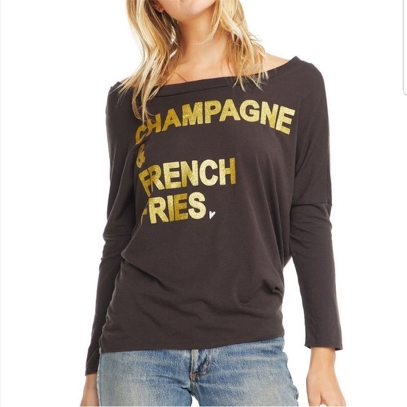 Chaser Revolve | NWT Champagne & French Fries Long Sleeve Glitter Tee Shirt M - Picture 3 of 3